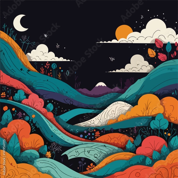 Fototapeta vector illustration of a night landscape with trees