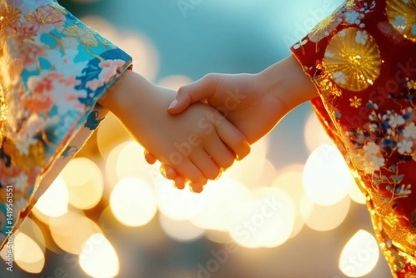 Obraz 光を背景に浴衣で手をつなぐ姉妹