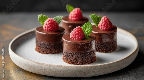 Fototapeta Chocolate mousse mini desserts with a raspberry and mint garnish, bright minimal backdrop