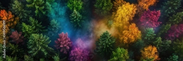 Obraz Forest landscape with colorful treetops, viewed from above, seasonally rich palette