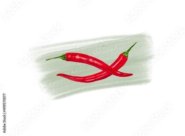 Fototapeta Two red chili peppers on green brush stroke background. Watercolor style illustration, minimalistic design.