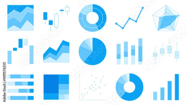 Obraz 青色系グラフアイコンセット　円グラフ　積み上げ棒グラフ　レーダーチャート　ローソク足　箱ひげ図