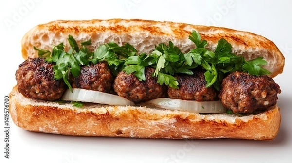 Fototapeta Delicious Meatball Sub With Fresh Parsley And Onions On Crusty Bread High Angle Shot