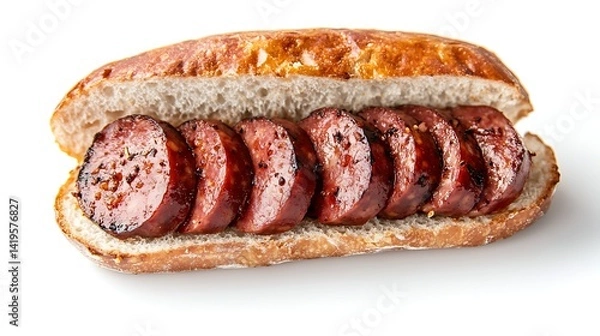 Fototapeta Grilled Sausage Sandwich On Rustic Bread Isolated On White Background Culinary Delight And Gourmet Food Presentation Close Up Perfect For Food Blogs And Recipes