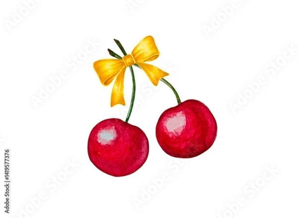 Fototapeta A pair of ripe cherries tied with a yellow ribbon into a bow. Watercolor illustration on a white background, minimalist style.