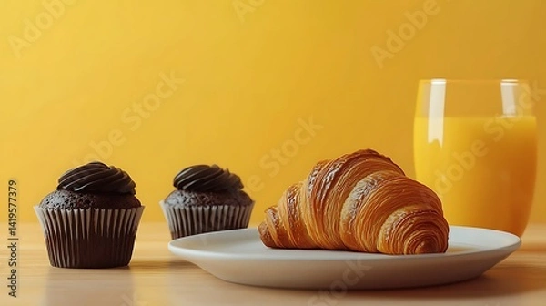 Fototapeta Delicious Morning Breakfast Featuring Croissant Cupcakes And Orange Juice On A Vibrant Yellow Background Perfect For Food Blogging And Culinary Art