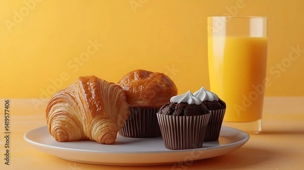 Fototapeta Continental Breakfast Still Life Croissant Muffins And Orange Juice On Yellow Background Delicious Morning Meal With Pastries And Beverage For Breakfast Or Brunch