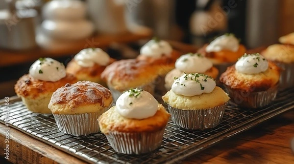 Fototapeta Delicious Freshly Baked Cupcakes Topped With Cream Cheese Frosting On A Cooling Rack Close Up View Displaying Golden Brown Textures And Tempting Desserts
