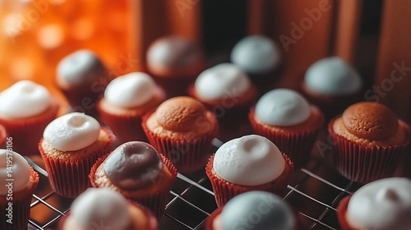 Fototapeta Assorted Mini Cupcakes With Various Toppings On Cooling Rack