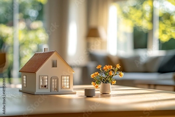 Fototapeta A close-up shot of a house-shaped miniature on a coffee table in the living room of a house. Generative AI
