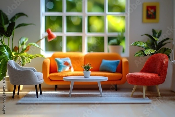 Fototapeta It has a miniature interior with orange sofas and windows. Generative AI
