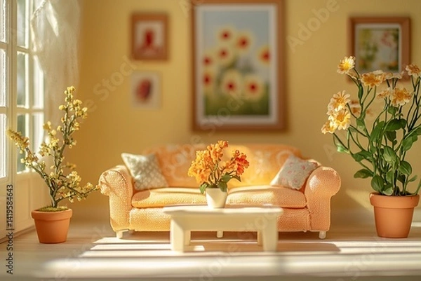 Fototapeta It is miniature in the living room of a house where you can see windows, and sofas and furniture. Generative AI
