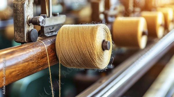 Fototapeta close up view of spool of thread on textile manufacturing machine, showcasing intricate details of production process