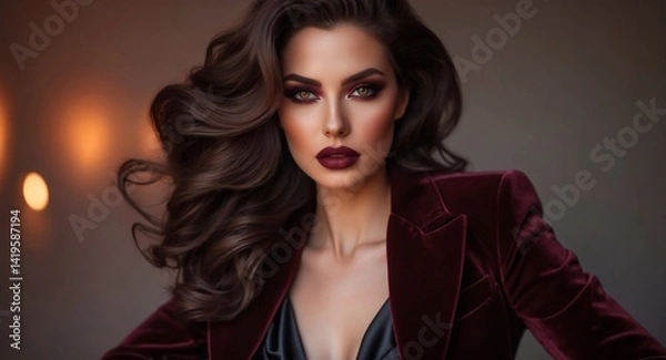 Fototapeta Glamorous woman poses confidently with striking makeup and elegant attire Generative AI