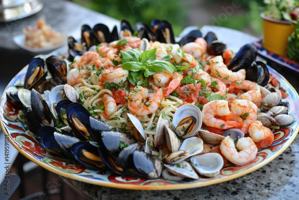 Fototapeta A colorful platter holds seafood fra diavolo over linguine. Fresh littleneck clams, mussels, shrimp, and squid are piled over the linguini with fresh basil sprinkled on top.
