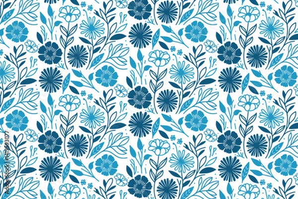 Fototapeta minimal blue floral art pattern with continuous one line leaves and flowers for fashion fabric and home textile prints

