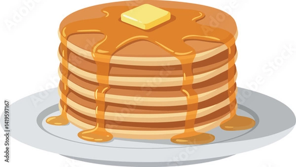 Fototapeta Stack of golden pancakes with melting butter and dripping syrup on white plate flat style vector illustration