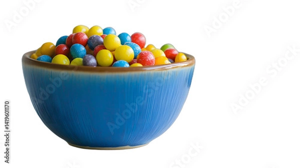 Fototapeta isolate Colorful candy coated chocolate balls in blue bowl kitchen setting food photography bright and cheerful environment isolate