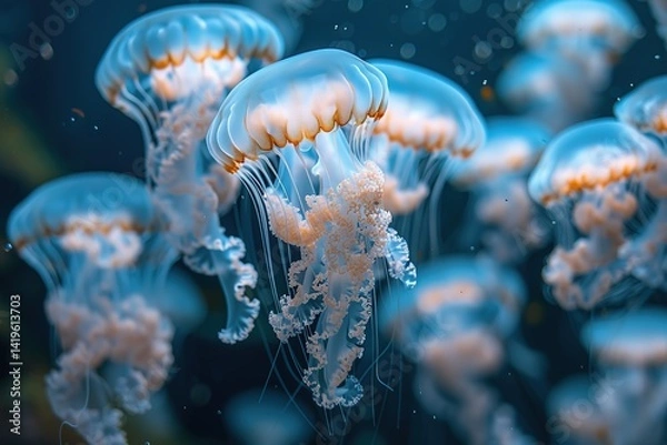 Fototapeta A school of translucent jellyfish pulsating through the water, their soft glow lighting up the surrounding sea life, creating a dreamlike atmosphere