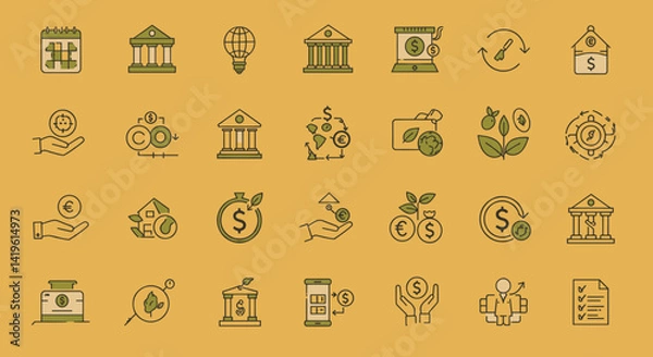 Fototapeta Sustainable Finance and Investment Icons Illustrating Green Banking and ESG Strategies for Environmental Responsibility and Ethical Investing