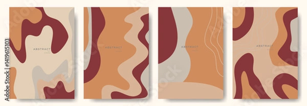 Fototapeta Four abstract posters with a wave pattern and a red background