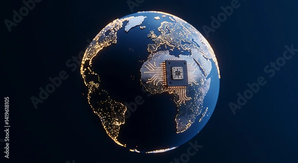 Fototapeta Global Network Microchip:  Night Earth Illuminated Circuitry