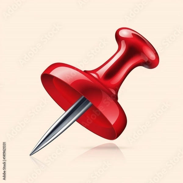 Obraz Create a high-resolution image of a red push pin with a shiny plastic head and metallic point, angled slightly, set against a clean white background with clear reflections and shadows.