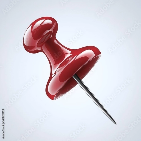 Obraz Create a high-resolution image of a red push pin with a shiny plastic head and metallic point, angled slightly, set against a clean white background with clear reflections and shadows.
