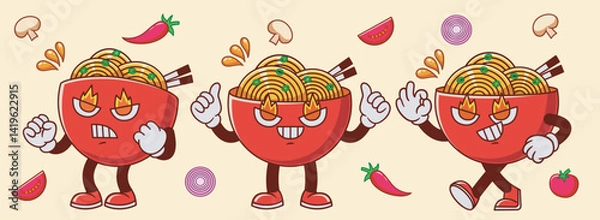 Fototapeta hot spicy ramen noodle character set. cartoon mascot with thumbs up and delicious pose. for label, branding, packaging, logo