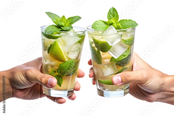 Obraz Two refreshing Mojito cocktails held up on a white background for cheers