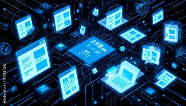 Fototapeta AI in Document Analysis: Machine Learning Extracting Data from Unstructured Content. Futuristic Digital Interface with Floating Web Pages in 3D Space