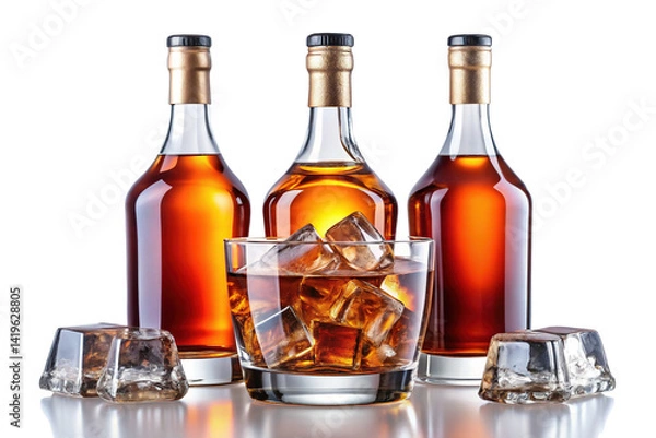 Fototapeta Sophisticated arrangement featuring whiskey bottles and a refreshing drink with ice cubes