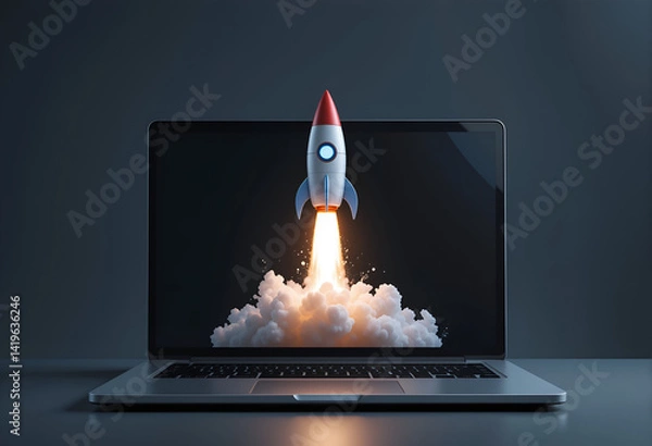 Fototapeta Startup Innovation Concept: Rocket Launching from Laptop Screen in Futuristic Digital Artwork