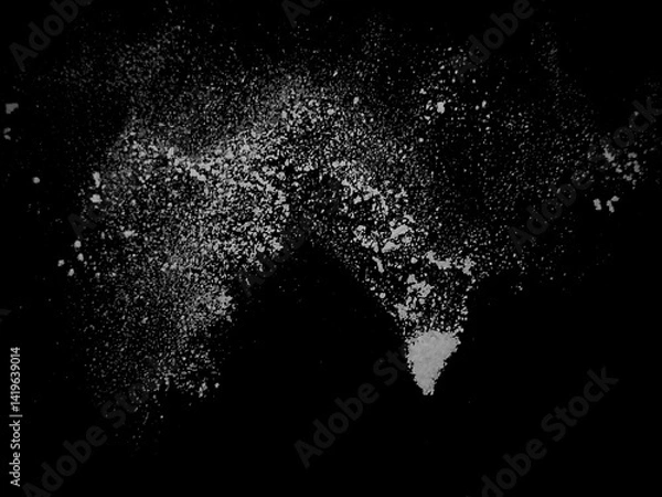 Obraz White powder or flour splash isolated on black background freeze stop motion object design. Design element for kitchen, bakery, advertising, Powder sugar explosion or splash png, falling flour, salt.
