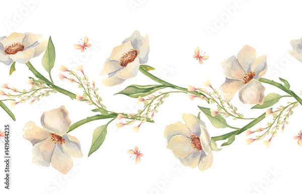 Obraz Seamless floral border of creamy anemones and tiny wildflowers watercolor hand drawn. Elegant botanical repeat texture with white flowers and butterflies for textiles, wallpaper, wedding decor.