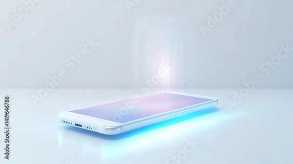 Fototapeta White smartphone with glowing holographic interface floating on pure white background, future technology advertising concept, modern digital innovation, sci-fi technology display
