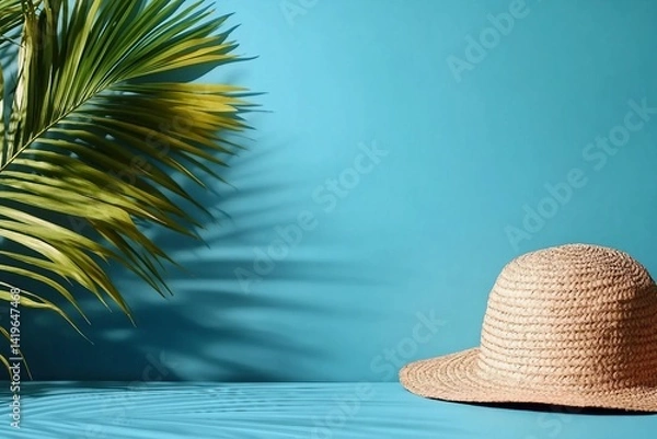 Fototapeta Summer Background Concept, Palm Leaf Shadow on Blue Background
