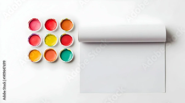 Fototapeta Colorful Paint Containers On White Background With Open Paper