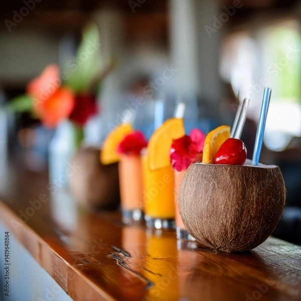 Fototapeta Refreshing tropical drinks at a beach bar colorful cocktails vibrant atmosphere close-up view