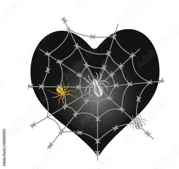 Fototapeta A black heart, a spider and a web of barbed wire. Vector image