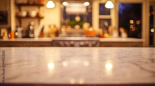 Fototapeta Cozy kitchen interior with marble countertop, warm lighting, and blurred background activity at dusk