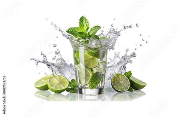 Fototapeta Refreshing mojito cocktail with lime and mint in a glass with splash