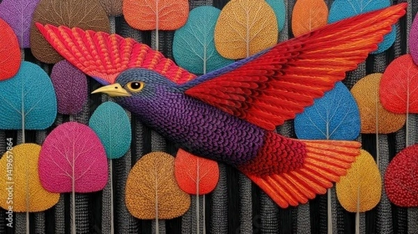 Fototapeta Pixelated Bird in Flight Among Colorful Orbs