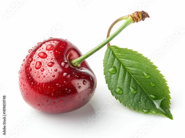 Obraz Cherry Fruit with Leaf and Water Droplets Isolated on White