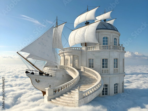 Fototapeta Floating Ship House in Clouds with Stairway Fantasy Architecture