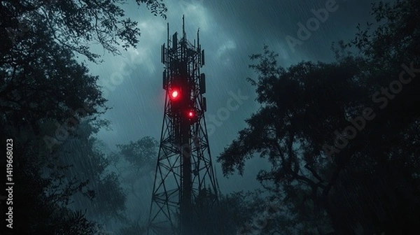Obraz Mysterious communication tower shrouded in fog at night.