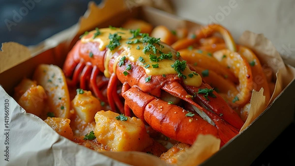 Fototapeta Savory Grilled Lobsters with Cheese and Spicy Sauce