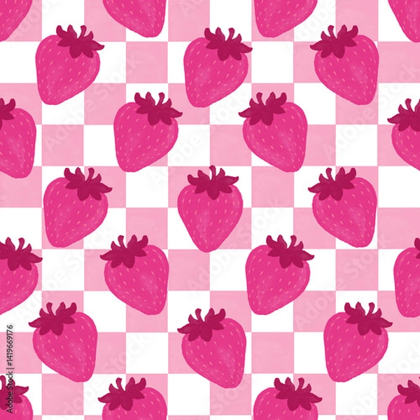 Obraz watercolor hand drawn seamless strawberries patterns on a checkerboard background