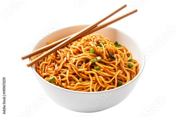 Obraz Tasty stir-fried Dan Dan noodles with green onions in white bowl, isolated on white transparent background, concept of Asian cuisine