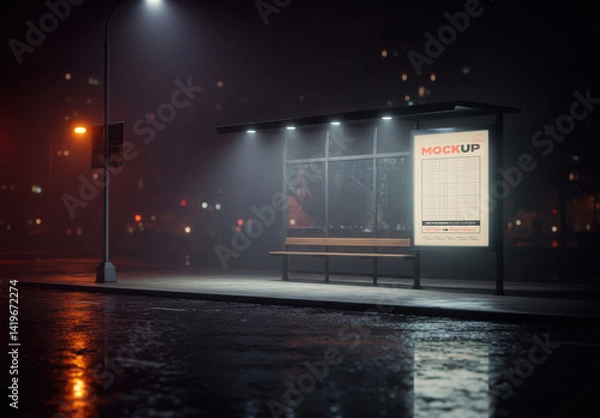 Obraz Vertical Billboard Illuminated at Night on Bus Stop Mockup